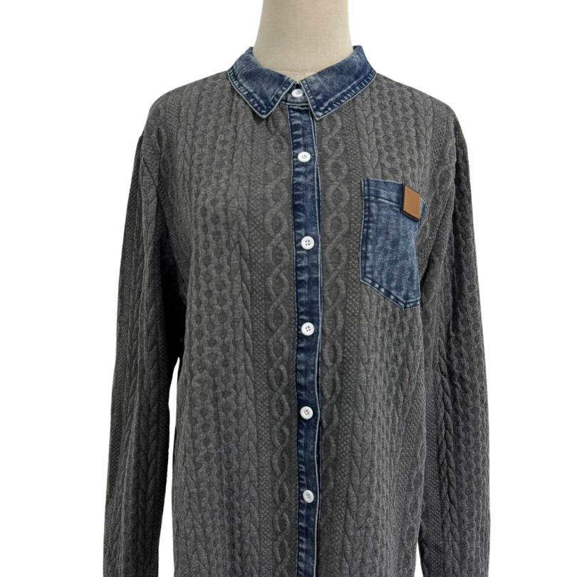 Icone™ DenimKnitwear: Kvinders Med Krave Patchwork Knap-Ned Denim Strik