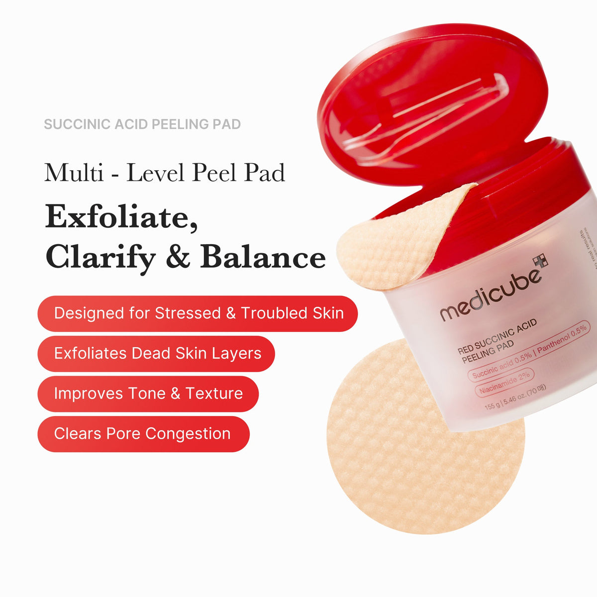 Eksfolierende toner-pads med ravsyre og panthenol til uren hud, 70 stk.