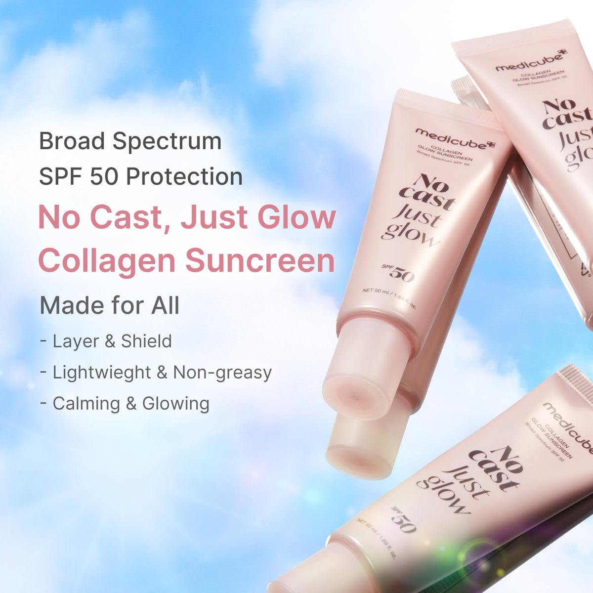 Fugtgivende solcreme SPF 50 med kollagen, peptider og niacinamid, uden hvid film