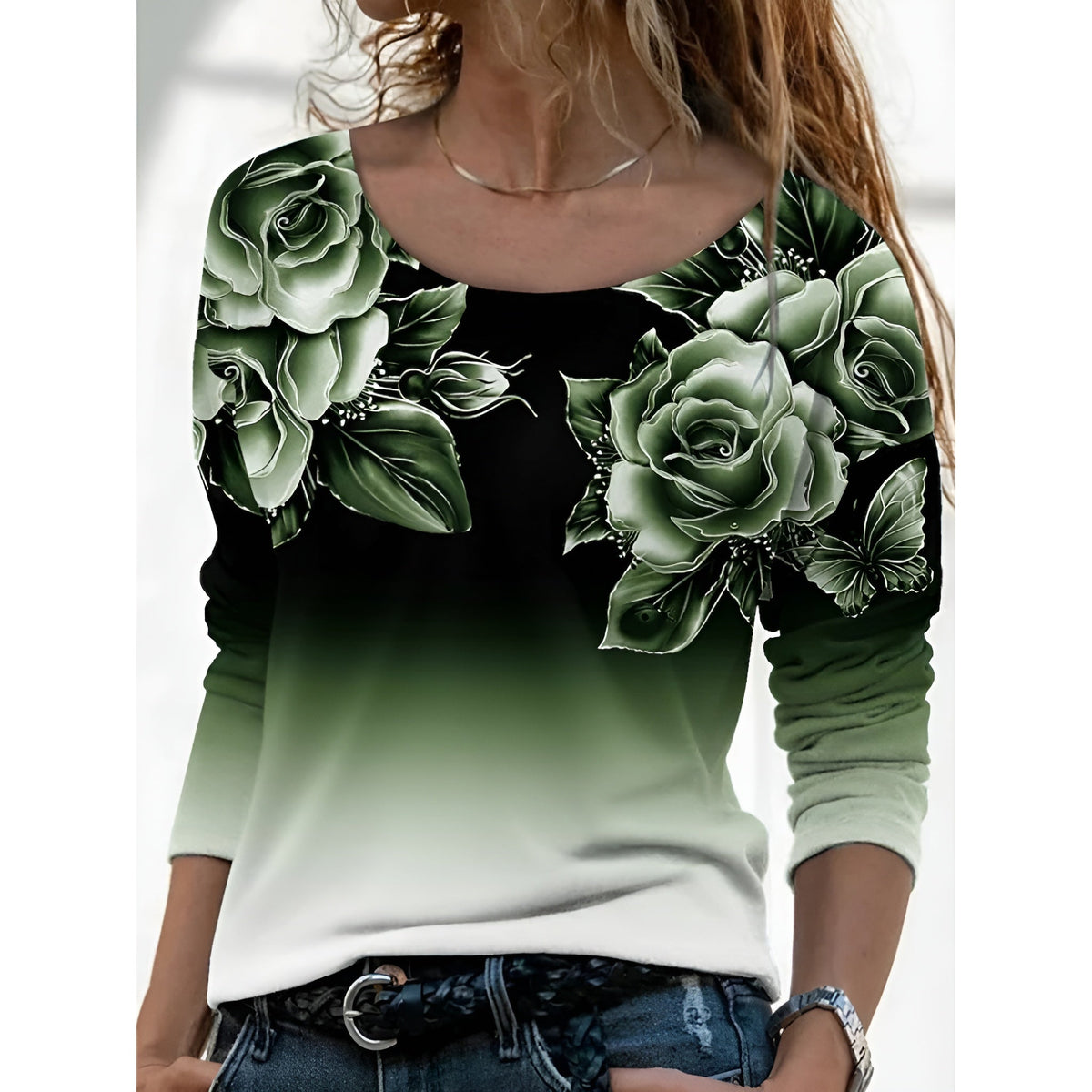 Icone™ FloralLongsleeves: Dame Afslappet Komfort Top Rund Hals Blomstret Langærmet