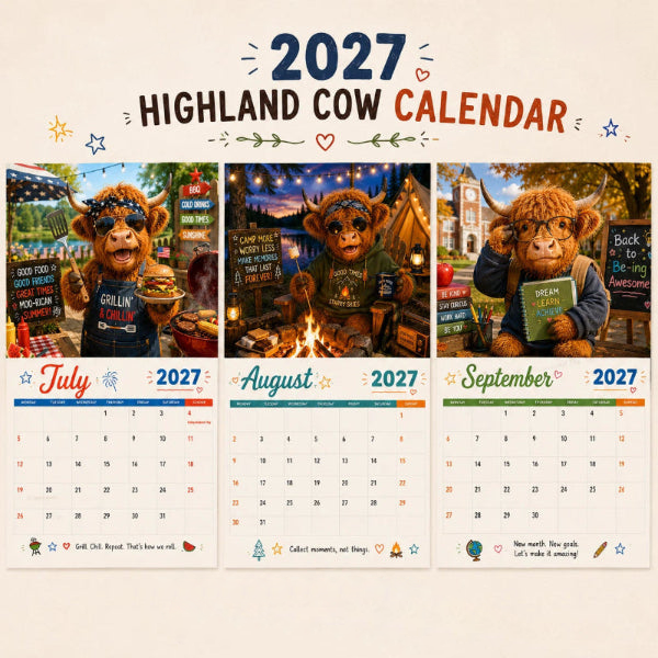 CowCalendar - Highland Cow Design Vægkalender 2027 Hus Dekor