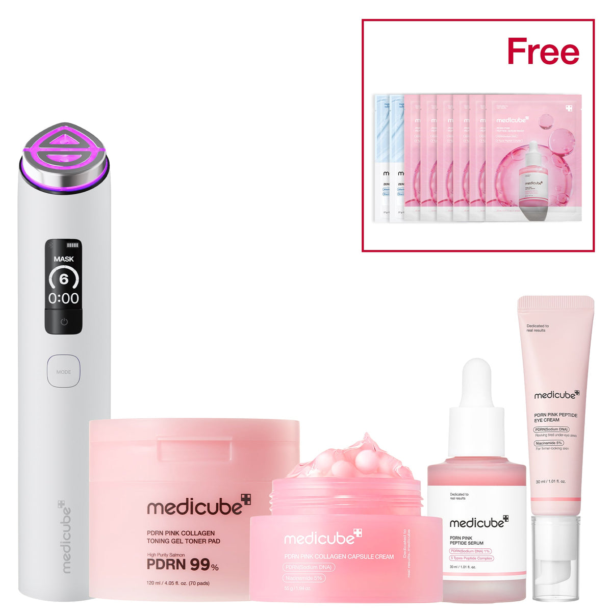 Hudplejesæt med ansigtsapparat, PDRN-serum, kapselcreme og pads