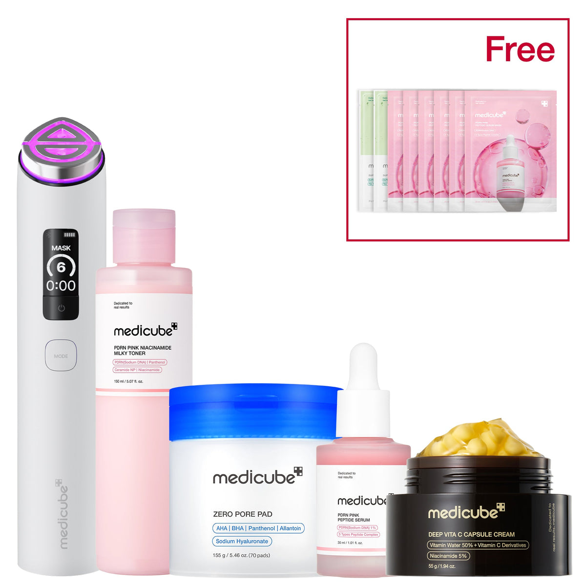Plejesæt med ansigtsapparat i hvid, pads, ansigtsvand, serum og creme