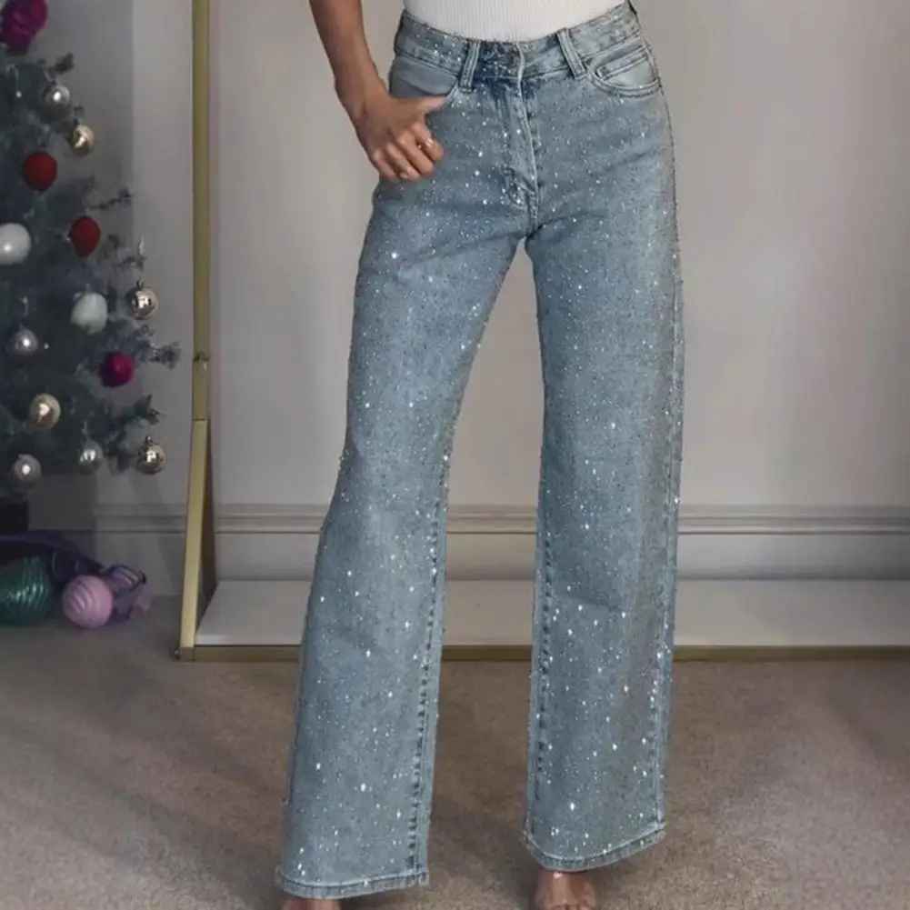 Icone™ SparklingJeans: Rhinsten-Udsmykkede Højtaljede Lige-Ben Mousserende Jeans Med Bælte