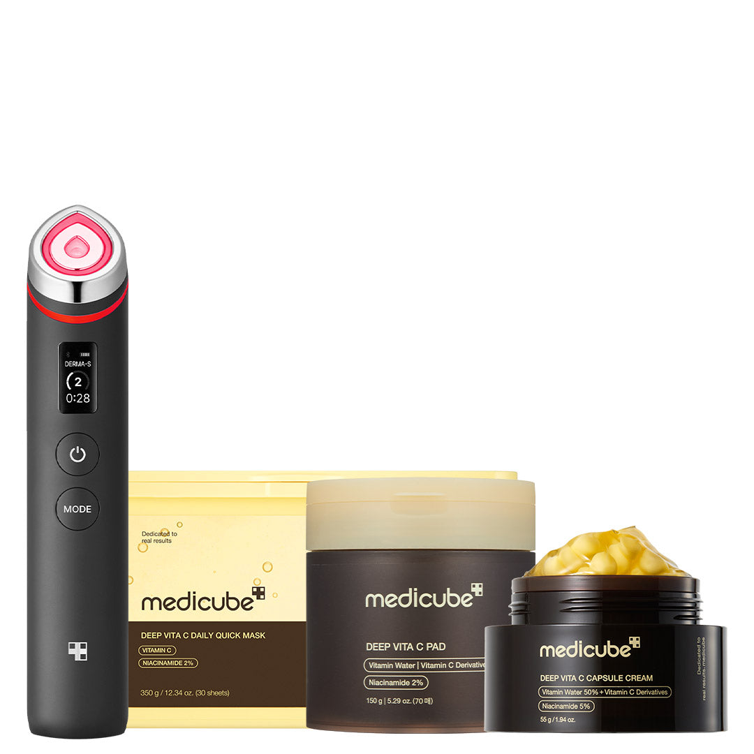 Plejesæt med ansigtsapparat, C-vitaminpads, serum, creme og masker