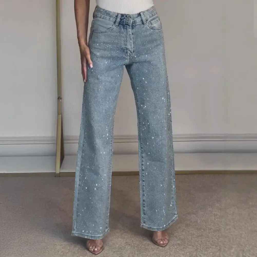 Icone™ SparklingJeans: Rhinsten-Udsmykkede Højtaljede Lige-Ben Mousserende Jeans Med Bælte