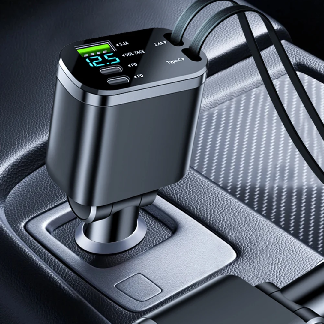 CarCharger: 5-In-1 Opladning Port Indtrækkelig Kabel Hurtig Bil Oplader
