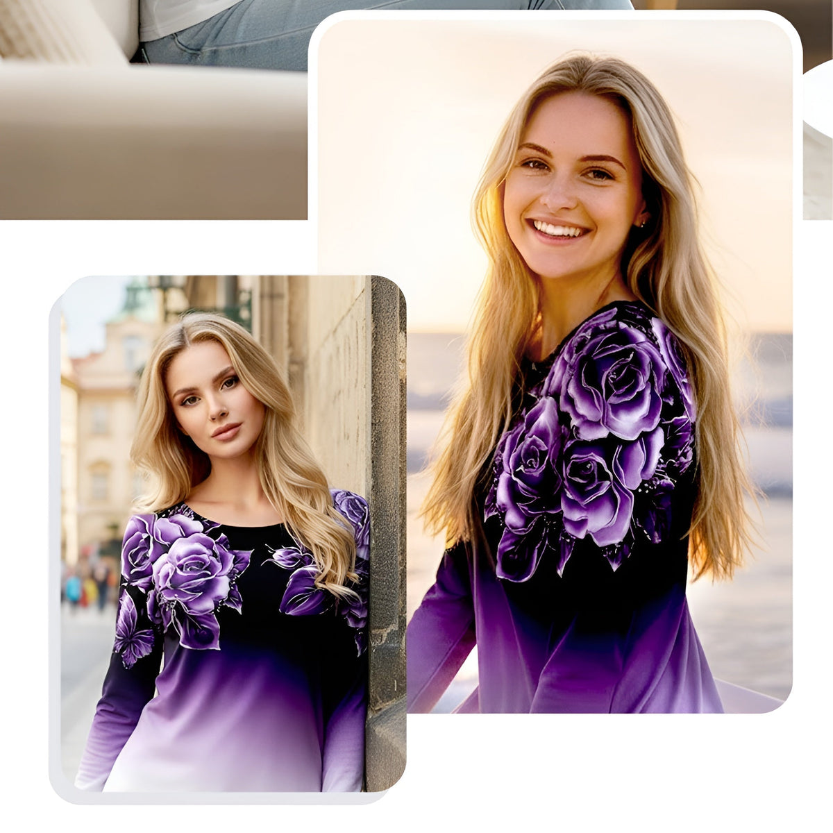 Icone™ FloralLongsleeves: Dame Afslappet Komfort Top Rund Hals Blomstret Langærmet