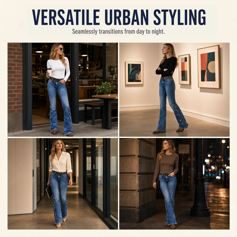 Icone™ FlarePants: Højtaljede Flare Bukser i Stræk Denim med Frynse Kant