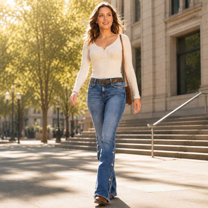 Icone™ FlarePants: Højtaljede Flare Bukser i Stræk Denim med Frynse Kant
