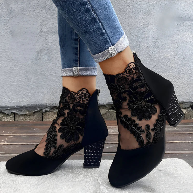 Happy™ EmbroideredHeels: Stilfulde Blokhæle Lukket Tå Mesh Broderede Hæle