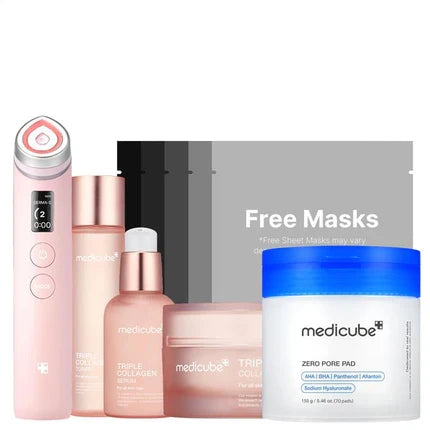 Plejesæt med ansigtsapparat, porepads, ansigtsvand, serum og creme