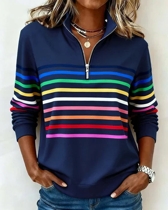 Icone™ ComfySweatshirt: Regnbue Stribe Casual Halv-Lynlås Komfortabel Sweatshirt