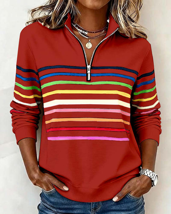 Icone™ ComfySweatshirt: Regnbue Stribe Casual Halv-Lynlås Komfortabel Sweatshirt