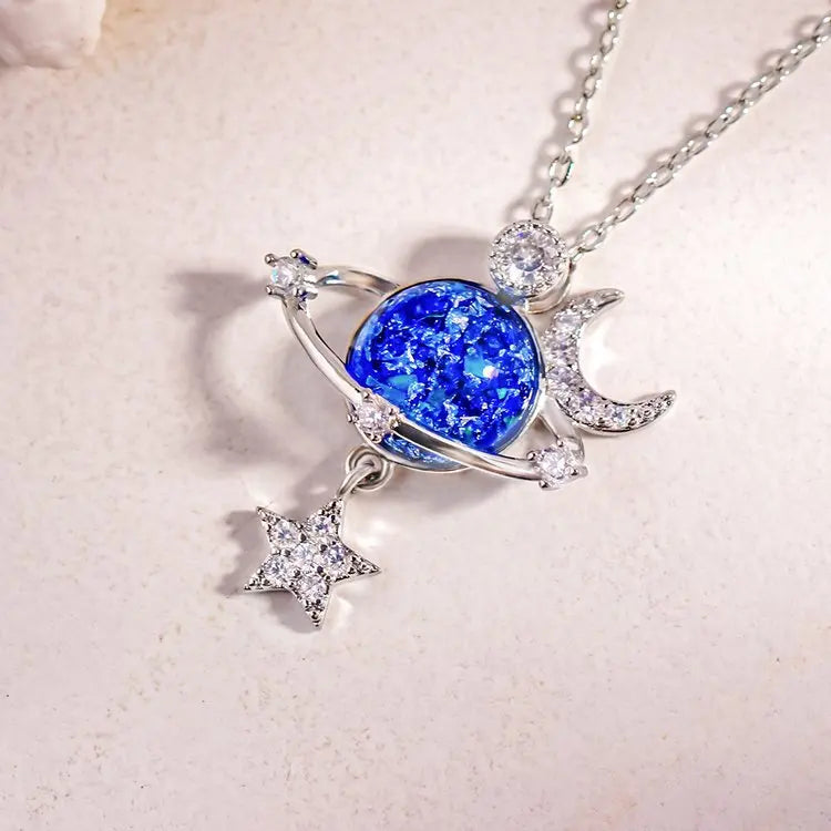 Jewelance™ MoonNecklace 1+1 GRATIS: Blå Planet Stjerne Måne Vedhæng Halskæde