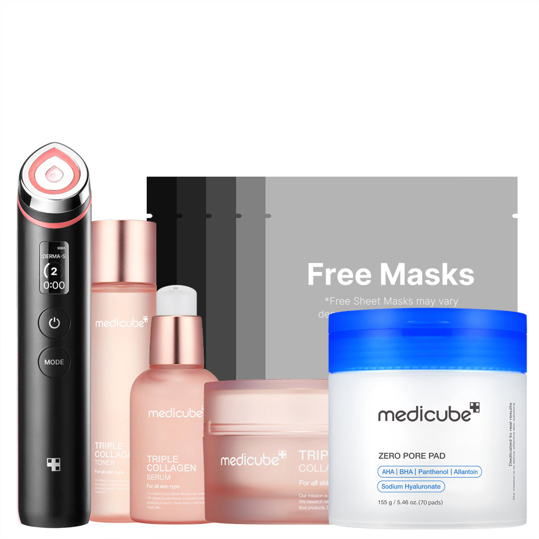 Plejesæt med ansigtsapparat, porepads, ansigtsvand, serum og creme