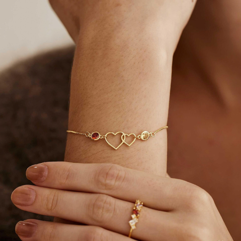 Jewelance™ DoubleHearts - Personliggjort Dobbelt Hjerter Fødselssten Modearmbånd