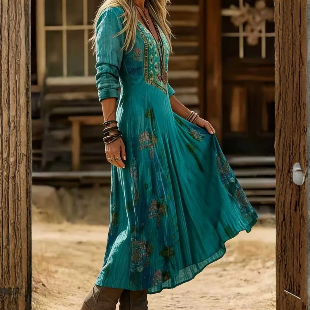 Icone™ VintageDress: Stilfuld Blomstret Print Tilfældig V-Hals Langærmet Vintage Kjole