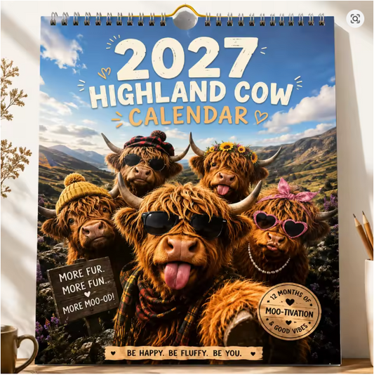 CowCalendar - Highland Cow Design Vægkalender 2027 Hus Dekor