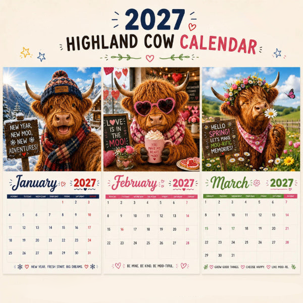 CowCalendar - Highland Cow Design Vægkalender 2027 Hus Dekor