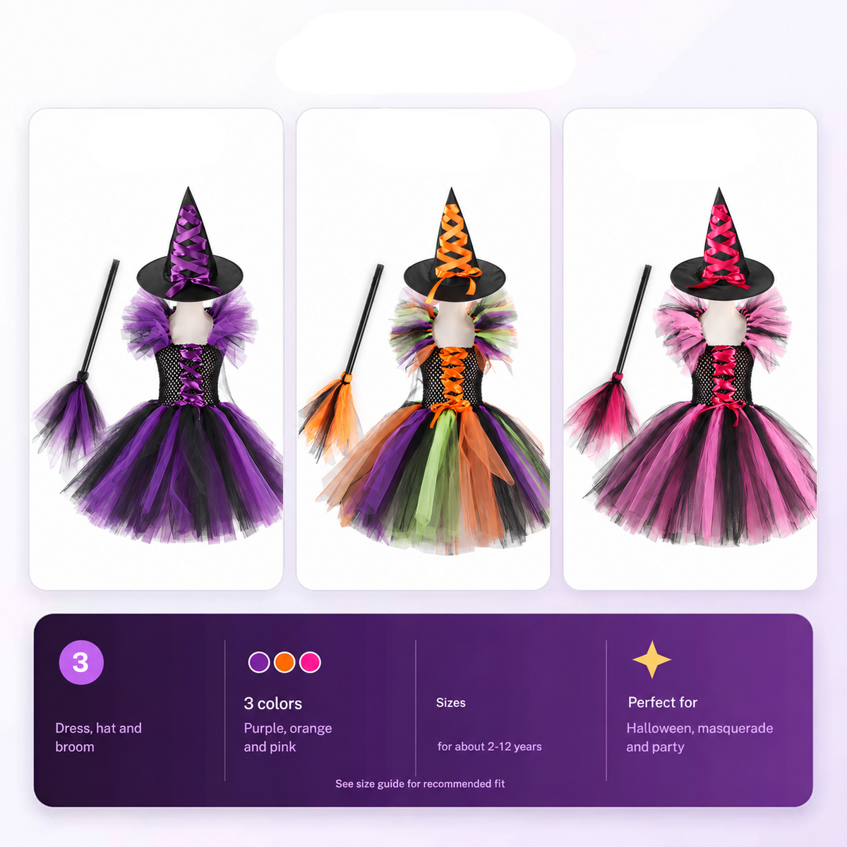 Kletshuts™  WitchCostume - Børns Heks Kostume Kjole, Hat Og Fejeblad Sæt