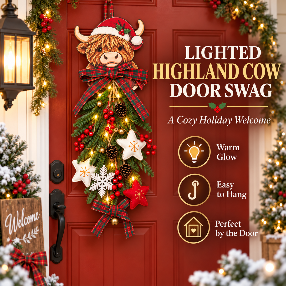 Ledsen™ HighlandWreath: 2D Highland Cow Julekrans Varm LED Lyskæde Festlig Dekoration