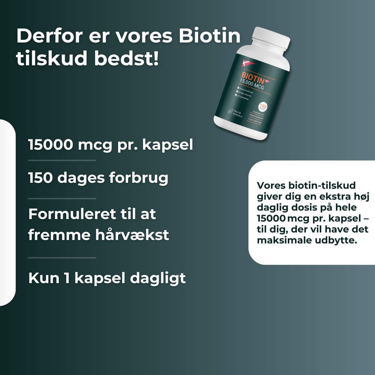 Nærbillede af detaljer på Biotin 15.000 µg – 300 kapsler