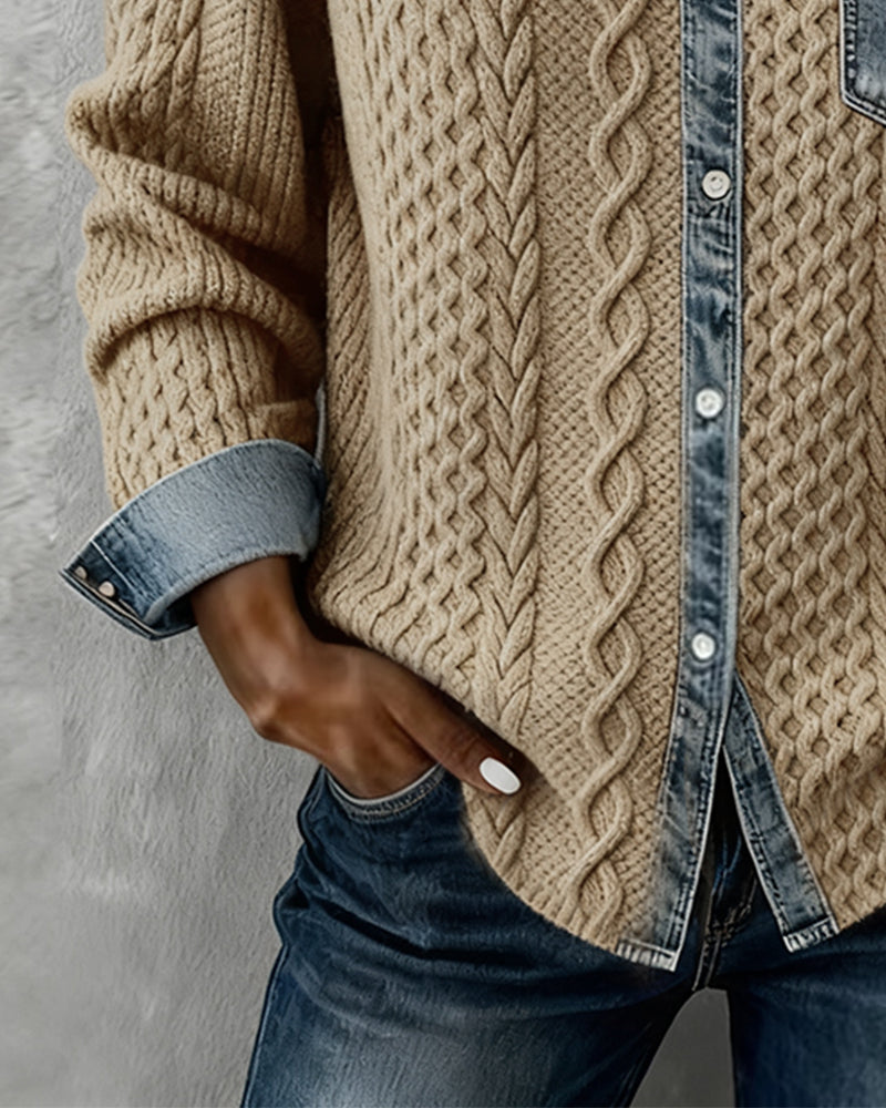 Icone™ DenimKnitwear: Kvinders Med Krave Patchwork Knap-Ned Denim Strik