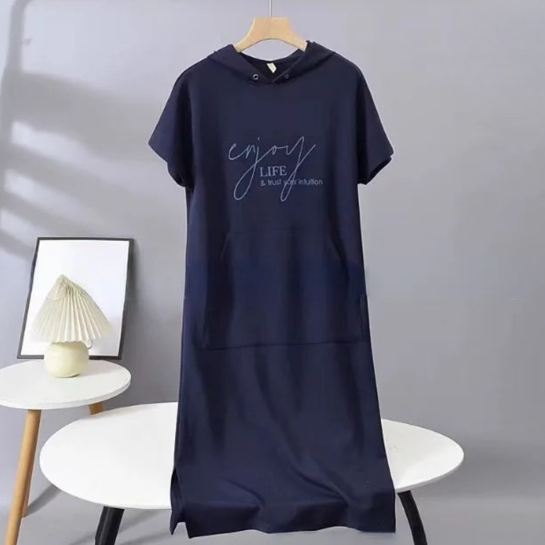 Icone™ DrawstringDress: Kvinders Hyggelig Hætte Snøre Midi Kjole