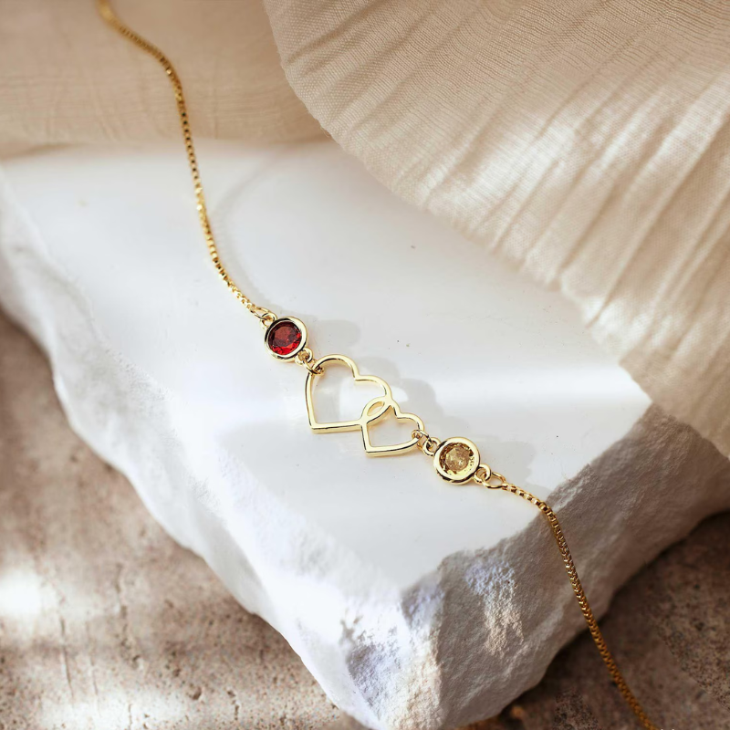 Jewelance™ DoubleHearts - Personliggjort Dobbelt Hjerter Fødselssten Modearmbånd