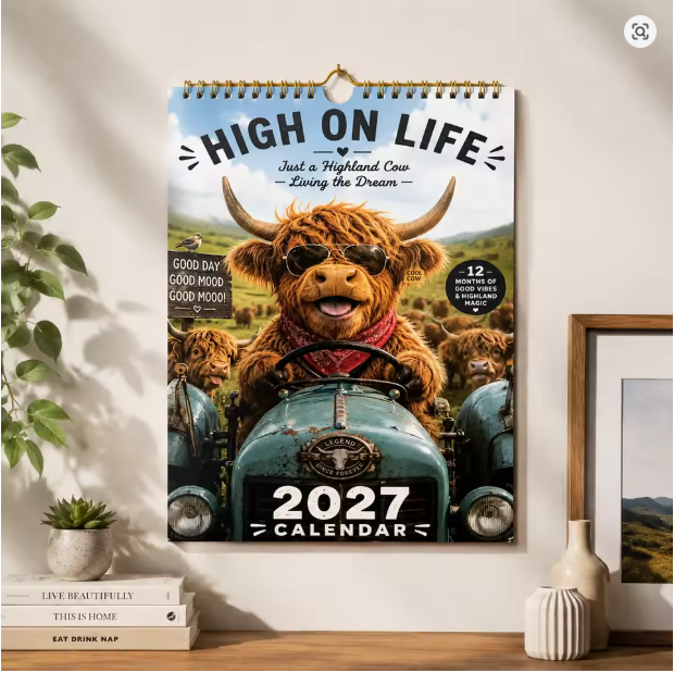 CowCalendar - Highland Cow Design Vægkalender 2027 Hus Dekor