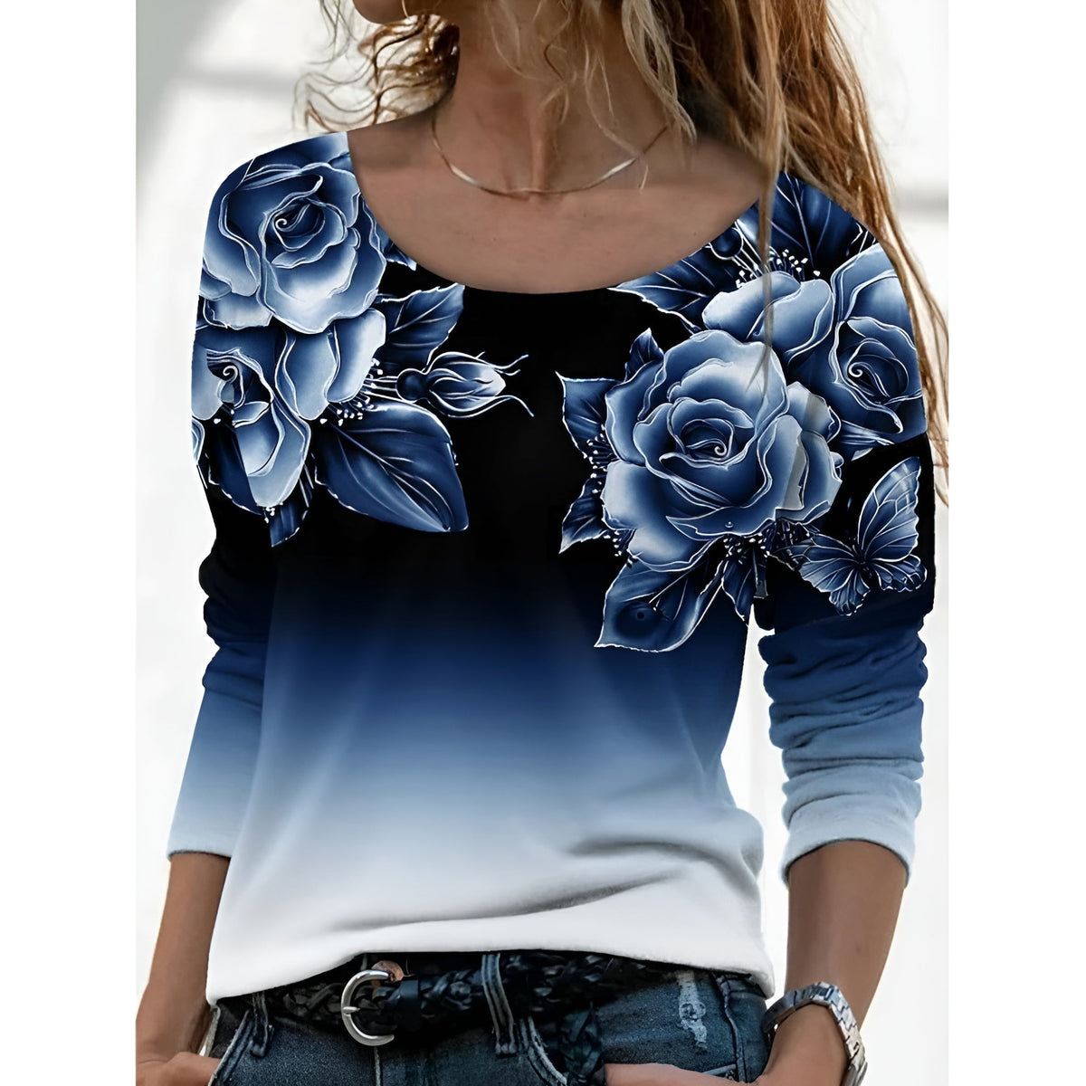 Icone™ FloralLongsleeves: Dame Afslappet Komfort Top Rund Hals Blomstret Langærmet