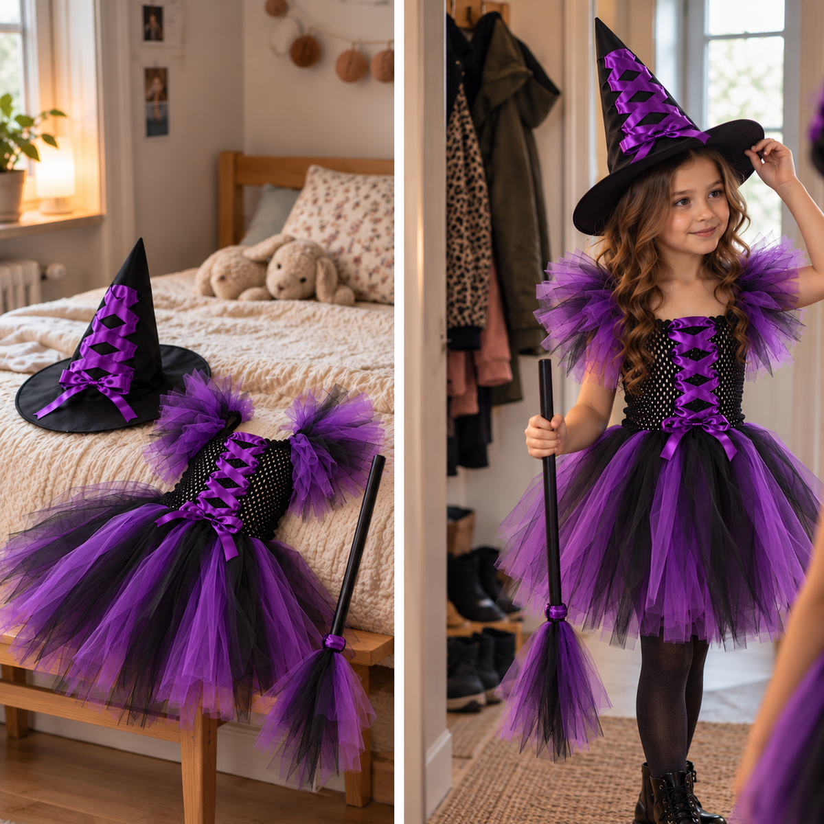 Kletshuts™  WitchCostume - Børns Heks Kostume Kjole, Hat Og Fejeblad Sæt
