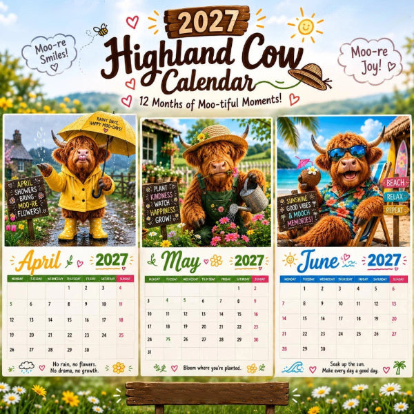 CowCalendar - Highland Cow Design Vægkalender 2027 Hus Dekor