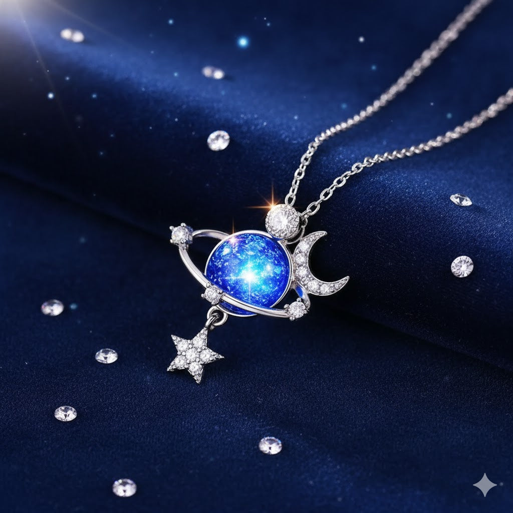 Jewelance™ MoonNecklace 1+1 GRATIS: Blå Planet Stjerne Måne Vedhæng Halskæde