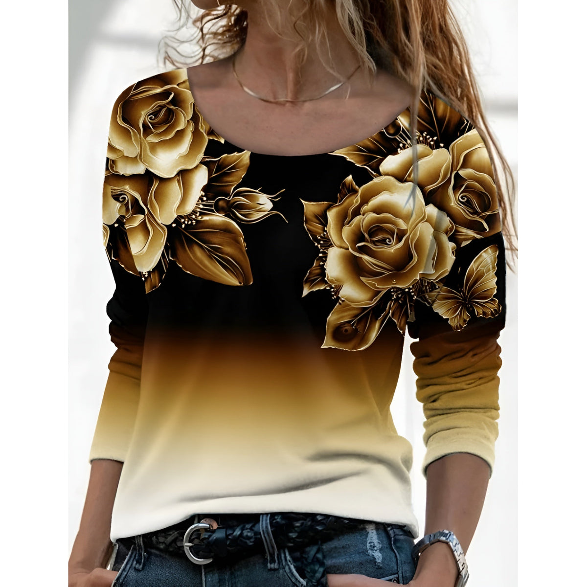 Icone™ FloralLongsleeves: Dame Afslappet Komfort Top Rund Hals Blomstret Langærmet