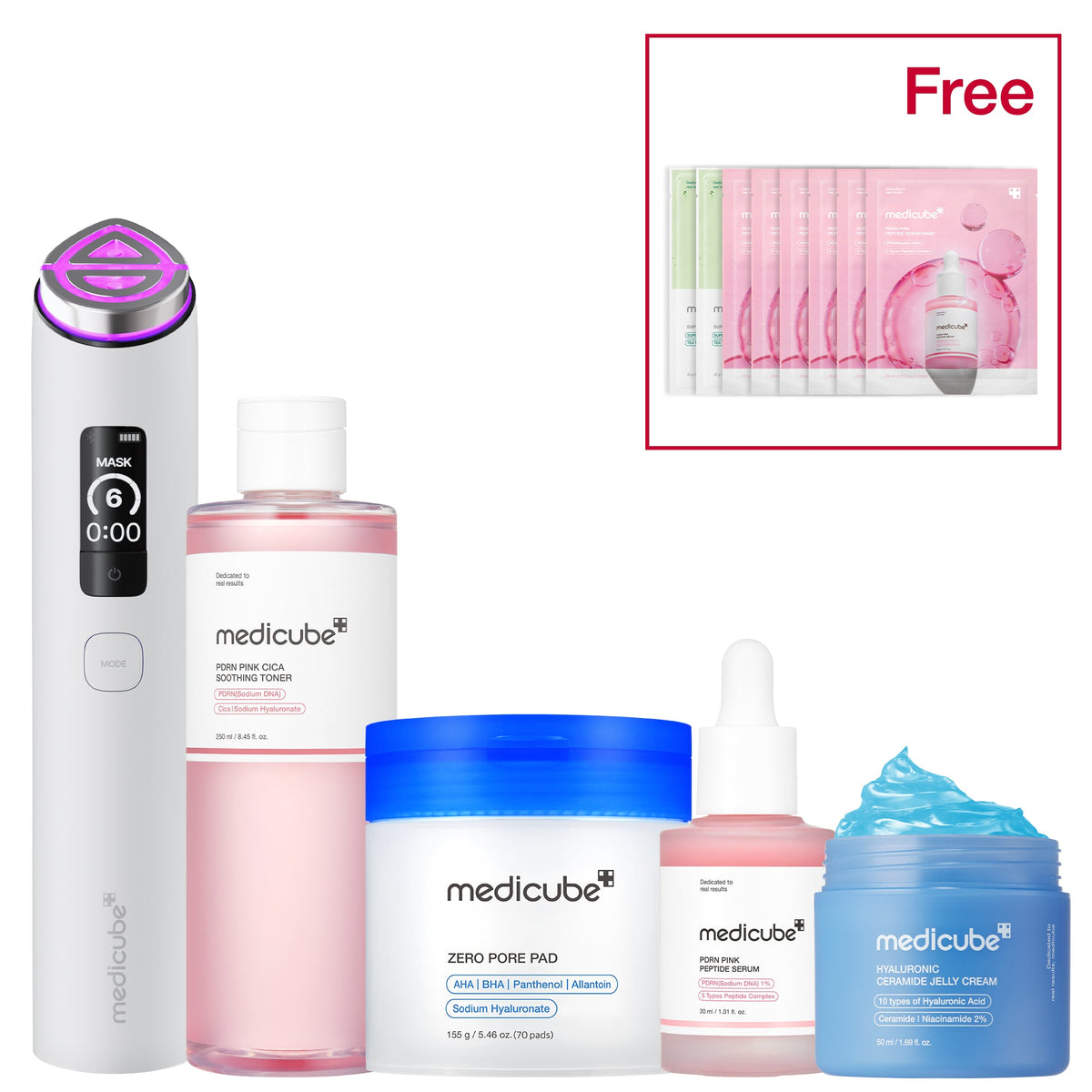 Plejesæt med ansigtsapparat i hvid, pads, ansigtsvand, serum og creme
