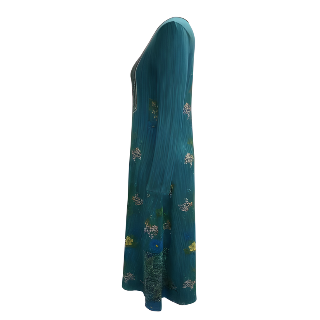 Icone™ VintageDress: Stilfuld Blomstret Print Tilfældig V-Hals Langærmet Vintage Kjole