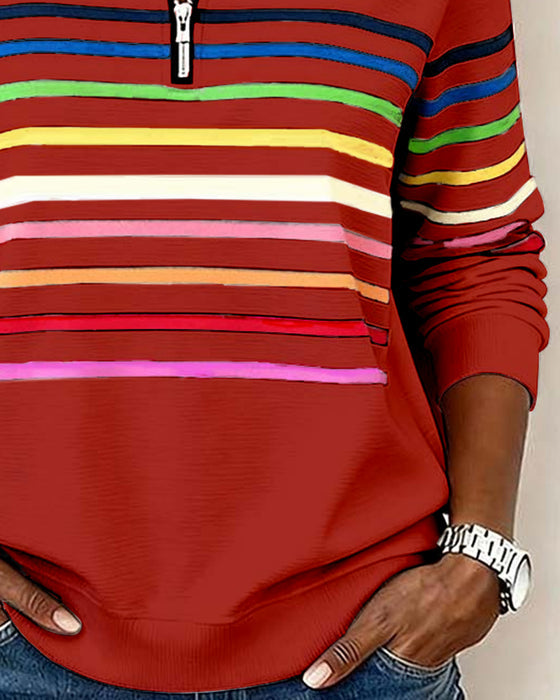Icone™ ComfySweatshirt: Regnbue Stribe Casual Halv-Lynlås Komfortabel Sweatshirt