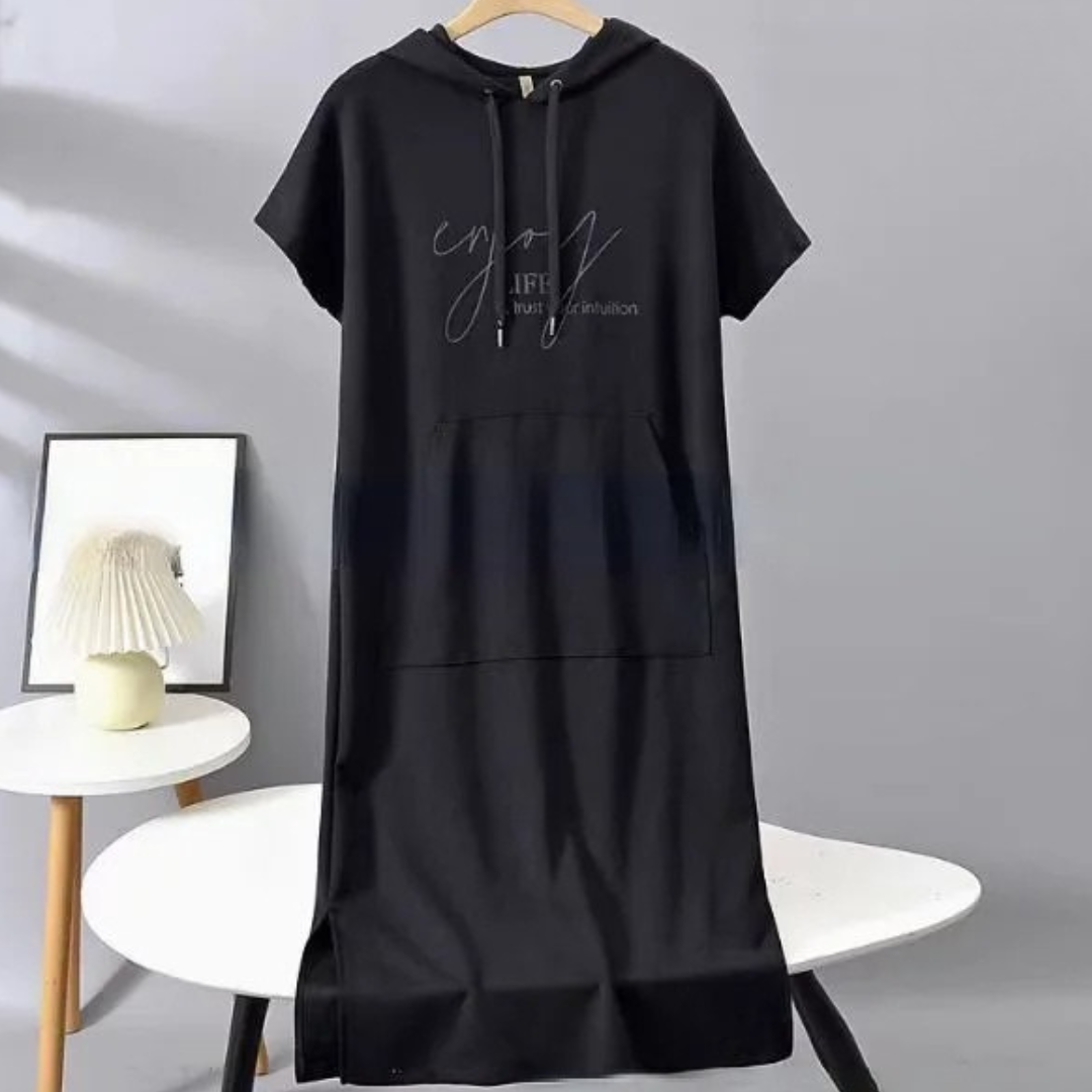 Icone™ DrawstringDress: Kvinders Hyggelig Hætte Snøre Midi Kjole