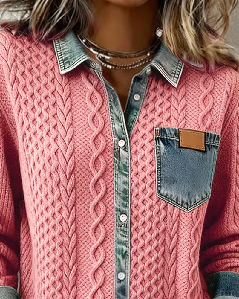 Icone™ DenimKnitwear: Kvinders Med Krave Patchwork Knap-Ned Denim Strik