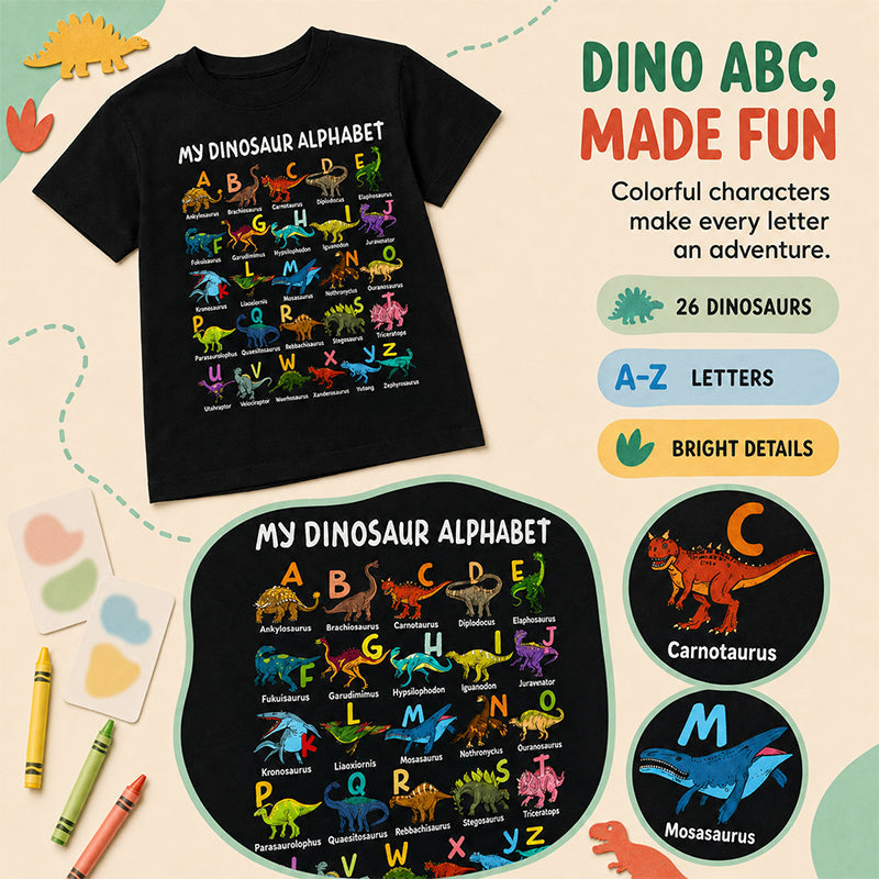 Kletshuts™ DinosaurShirt - Dinosaur Alfabet T-Shirt Til Drenge Og Piger