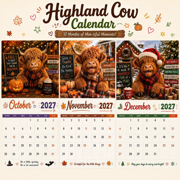 CowCalendar - Highland Cow Design Vægkalender 2027 Hus Dekor