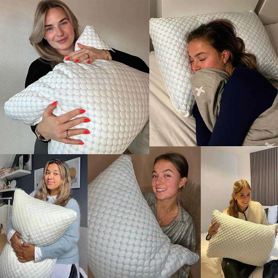 Nærbillede af detaljer på ComfortPillow 2.0 justerbar hovedpude med kølig side