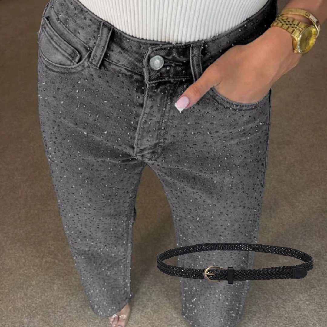 Icone™ SparklingJeans: Rhinsten-Udsmykkede Højtaljede Lige-Ben Mousserende Jeans Med Bælte