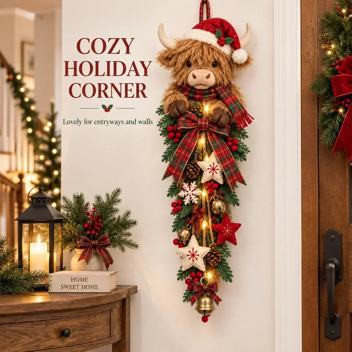 Ledsen™ HighlandWreath: 2D Highland Cow Julekrans Varm LED Lyskæde Festlig Dekoration