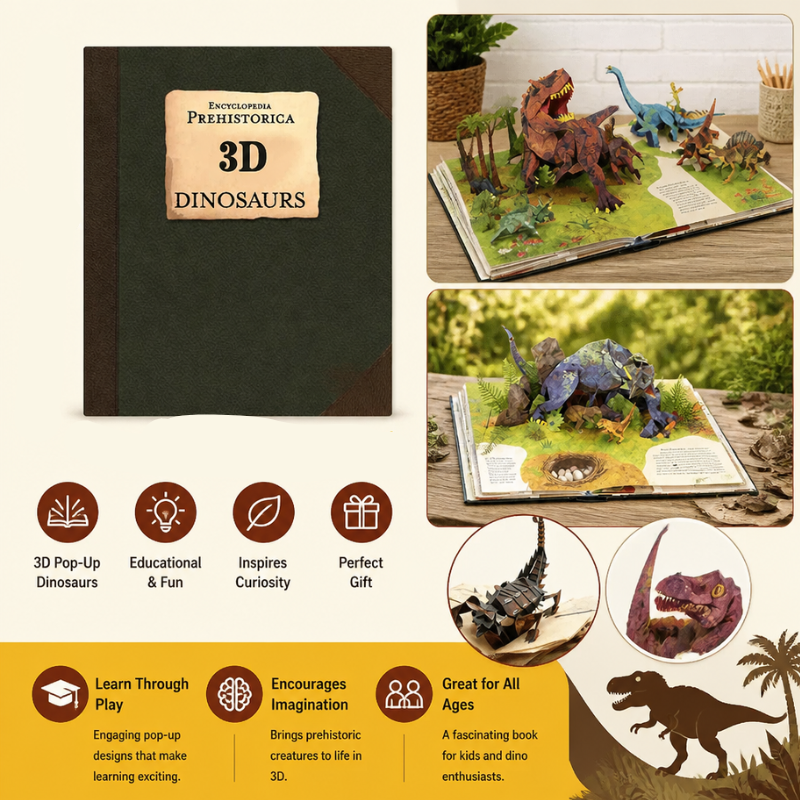 Kletshuts™ DinosaurBook - Interaktiv 3D Pop-Up Dinosaur Encyklopædi Bog