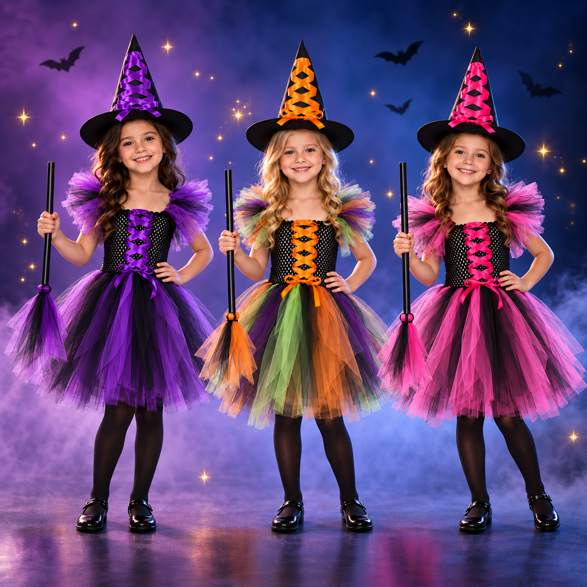 Kletshuts™  WitchCostume - Børns Heks Kostume Kjole, Hat Og Fejeblad Sæt