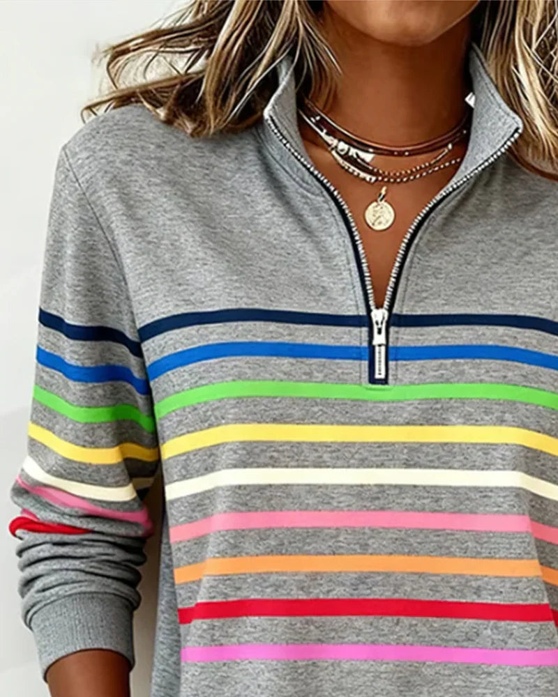 Icone™ ComfySweatshirt: Regnbue Stribe Casual Halv-Lynlås Komfortabel Sweatshirt