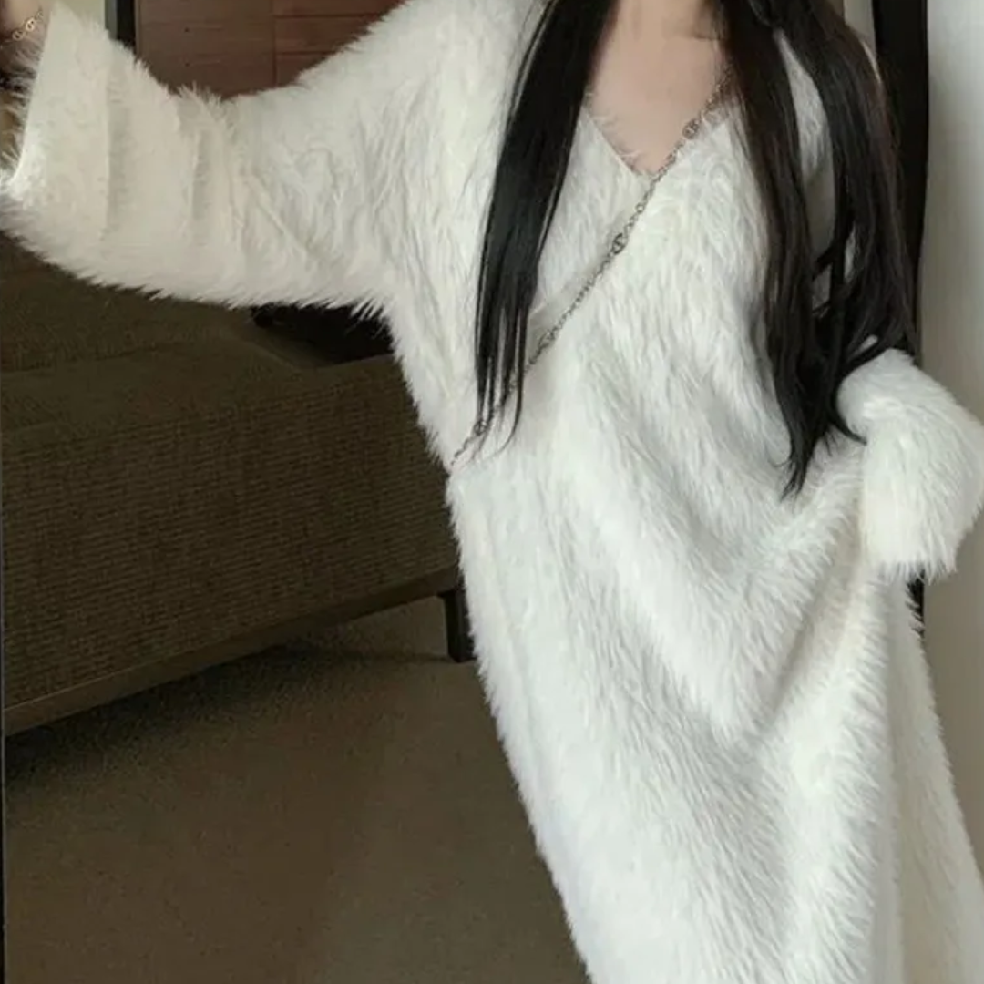 Icone™ CozyDress: Kvinders Elegante Faux-Blød V-Hals Maxi Hyggeligt Kjole